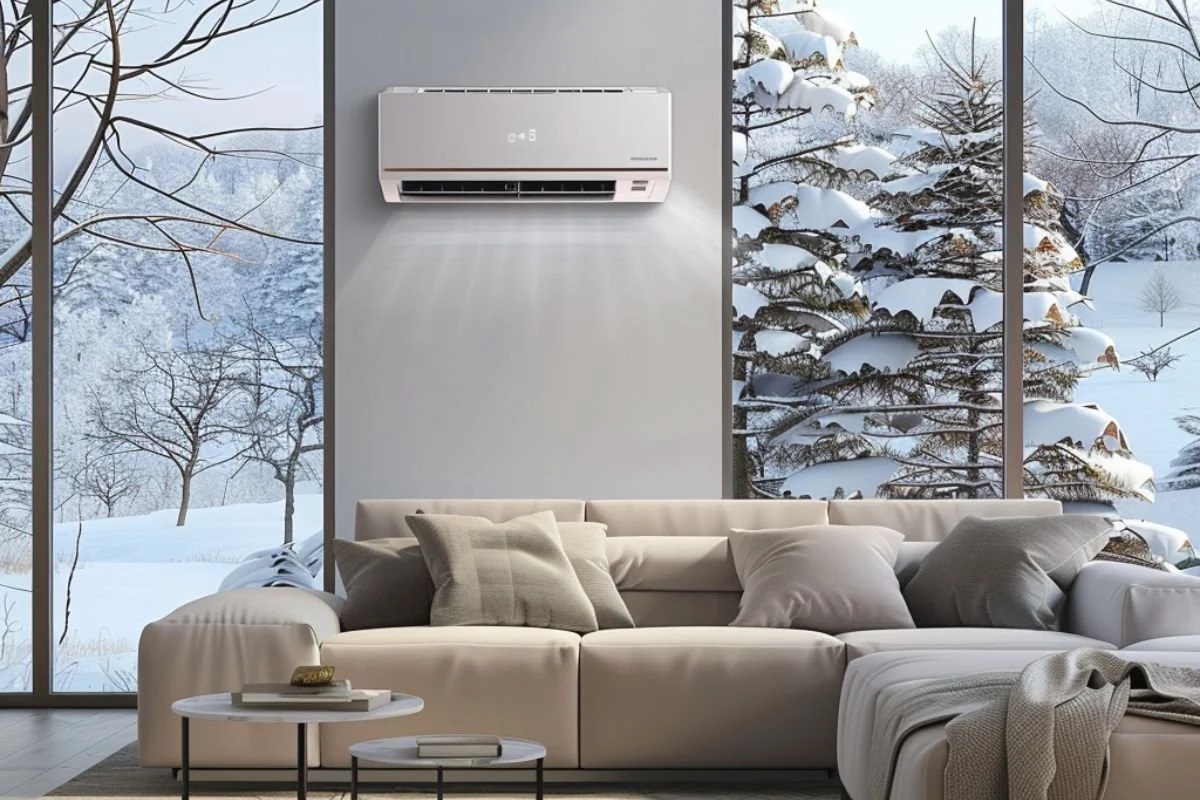 Modern nappali fűtésre optimalizált klímával téli környezetben