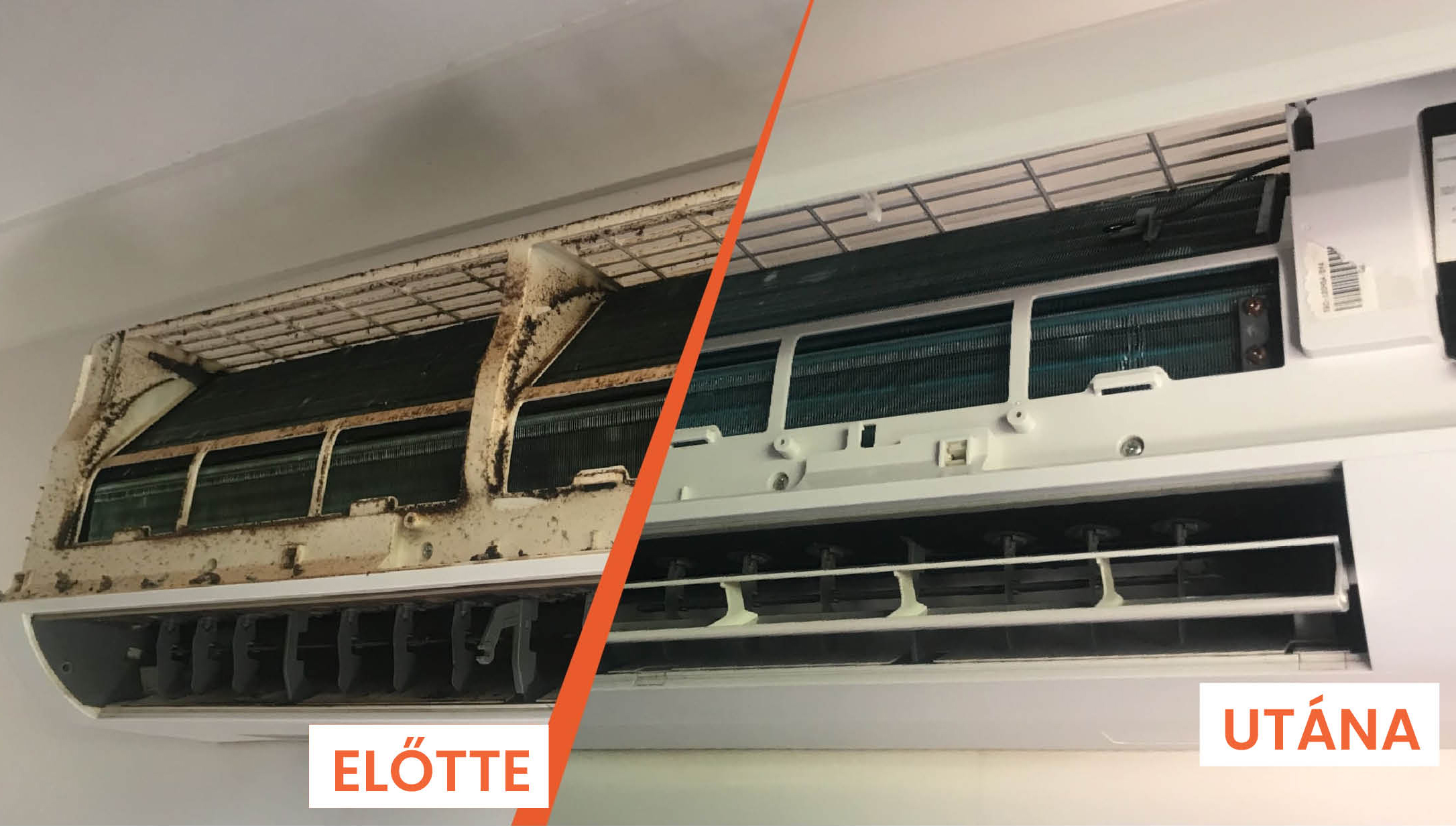 Klímatisztítás előtte és utána állapot penészes beltéri egység tisztítása után